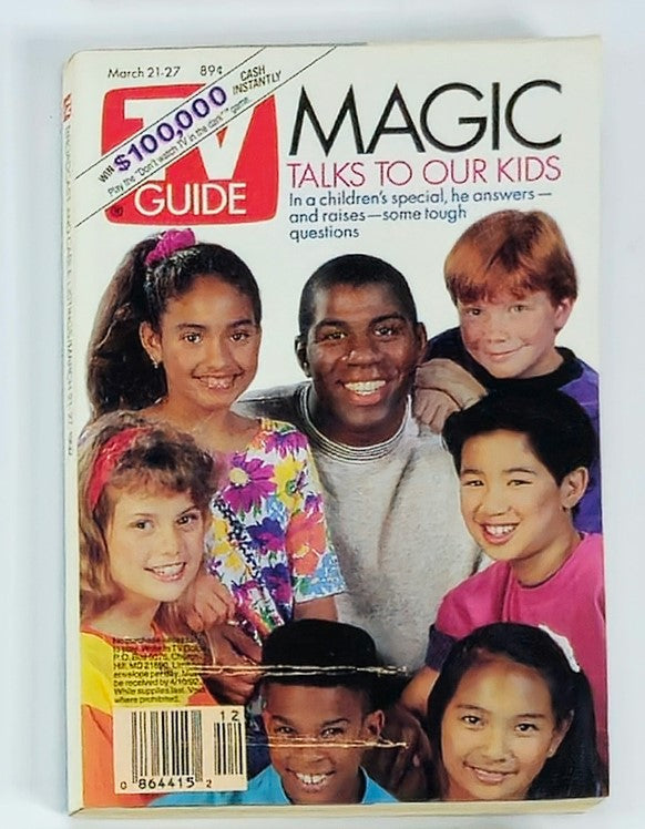 TV Guide Magazine from March 21, 1992 featuring Magic Johnson with children, highlighting his interview 'Magic Talks To Our Kids'. The cover showcases vibrant colors and a nostalgic look at early 90s youth culture.