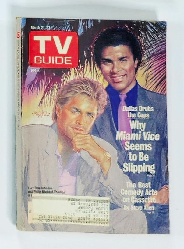 Cover of TV Guide Magazine from March 21, 1987, featuring iconic stars Don Johnson and Phillip Michael Thomas, with a tropical background and headlines discussing Miami Vice.
