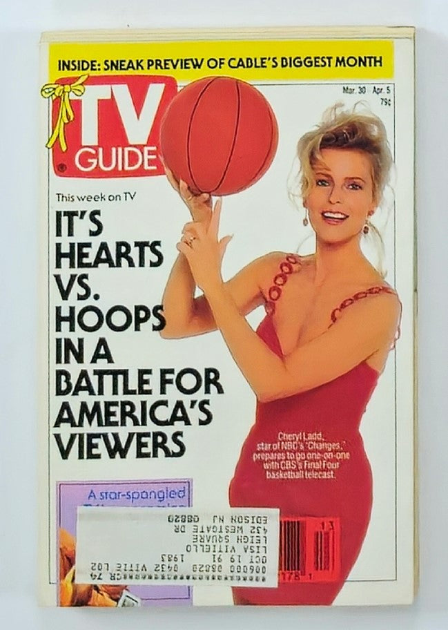 TV Guide Magazine March 30 1991 featuring Cheryl Ladd with a basketball, showcasing a vibrant cover that highlights the television programming of the early '90s, including the article 'It's Hearts vs. Hoops in a Battle for America's Viewers'.