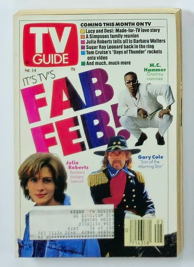 Cover of TV Guide Magazine February 2, 1991 featuring Julia Roberts and Gary Cole, showcasing highlights of the TV shows and stars of the era.