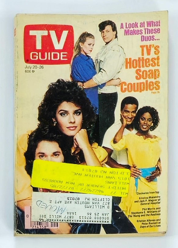 TV Guide Magazine cover dated July 20, 1985 featuring Kristina Malandro and Jack P. Wagner, highlighting TV's hottest soap couples, a vintage collectible from the 1980s.