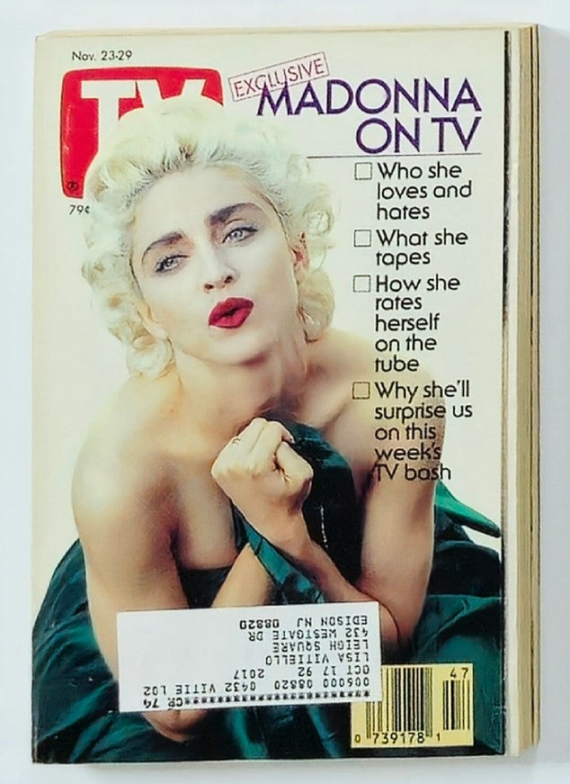 TV Guide Magazine November 23 1991 featuring Madonna on TV cover, showcasing a striking image of Madonna with platinum blonde hair and bold makeup, emphasizing her iconic status in pop culture from the 1990s.