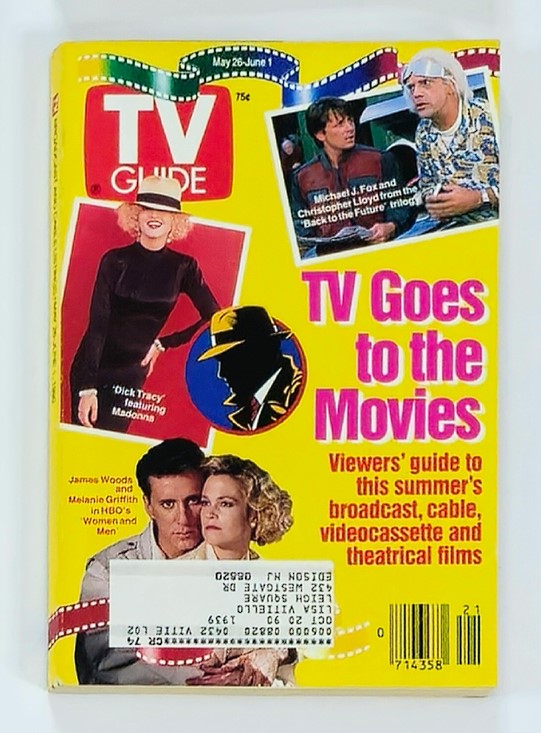 Cover of TV Guide Magazine May 26, 1990 featuring Madonna and Michael J. Fox, showcasing the vibrant design and theme 'TV Goes to the Movies' with highlights on popular TV shows, iconic celebrities, and nostalgic pop culture elements.