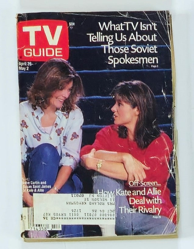 Cover of TV Guide Magazine from April 26, 1986 featuring Jane Curtin and Susan Saint James. The magazine addresses topics related to Soviet Spokesmen and includes an article on their show tensions, capturing a moment in 1980s television culture.