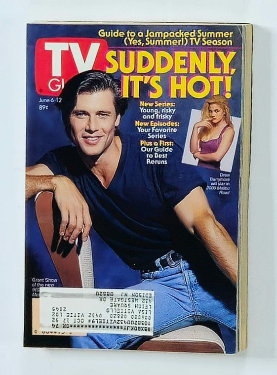 TV Guide Magazine June 6, 1992 featuring Grant Show on the cover, showcasing the headline 'Suddenly, It’s Hot!' with Drew Barrymore highlighted on the side, representing vintage television culture.