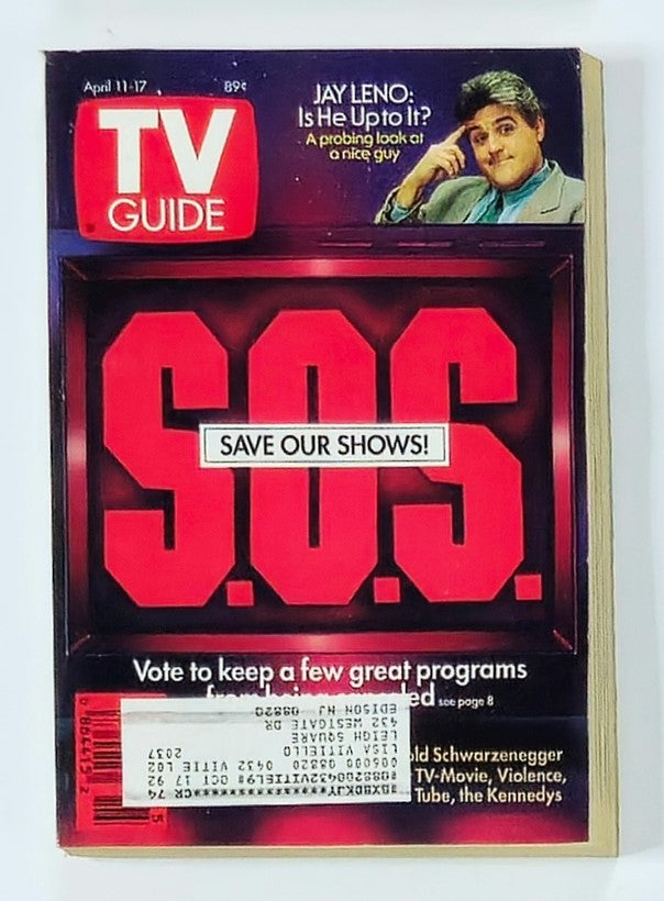 TV Guide Magazine April 11 1992 featuring Jay Leno on the cover with the text 'SAVE OUR SHOWS!' emphasizing a campaign to preserve popular television programs.