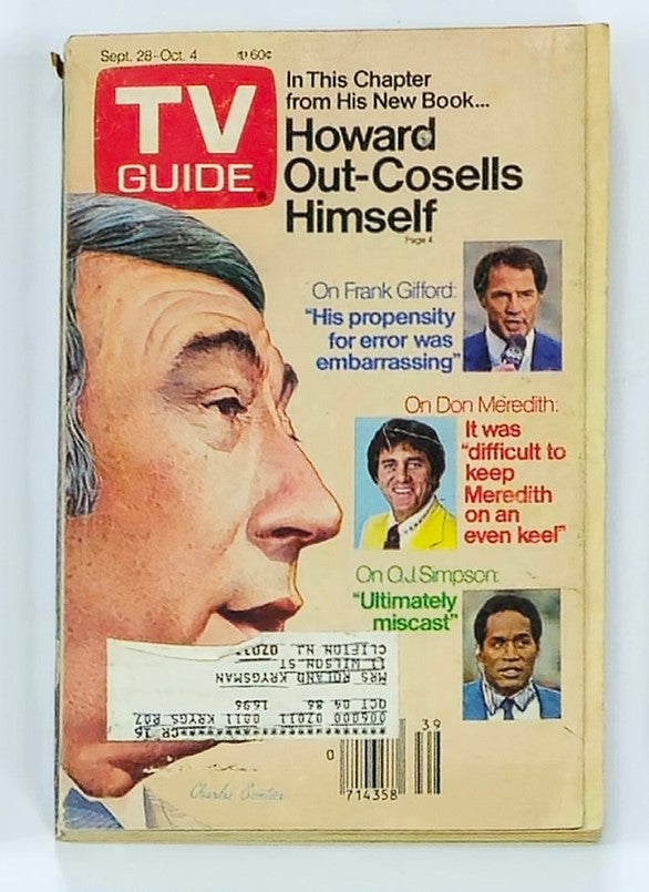 Cover of TV Guide Magazine from September 28 to October 4, 1985, featuring Don Meredith and O.J. Simpson, showcasing Howard Cosell's insights from his book, with images and quotes from notable sports figures.