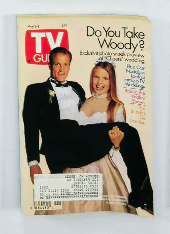 TV Guide Magazine cover from May 2, 1992 featuring Woody Harrelson and Jackie Swanson, showcasing the article 'Do You Take Woody?' with a sneak preview of the 'Cheers' wedding.