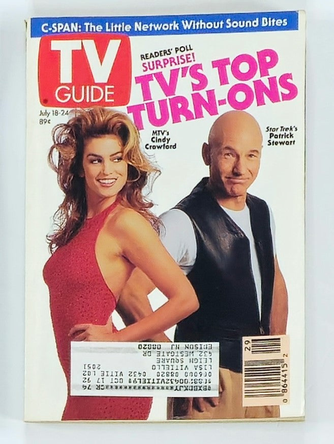 TV Guide Magazine July 18 1992 featuring Cindy Crawford and Patrick Stewart on the cover, highlighting 90s television pop culture and iconic celebrity appeal.