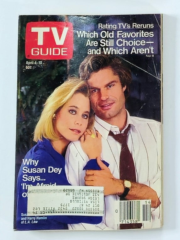 TV Guide Magazine April 4, 1987 cover featuring Susan Dey and Harry Hamlin, showcasing the title 'Rating TV's Reruns Which Old Favorites Are Still Choice—and Which Aren't'. This vintage magazine captures a moment in 1980s television history.