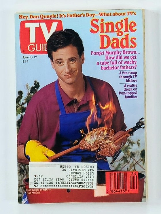 TV Guide Magazine cover from June 13, 1992 featuring Bob Saget of ABC's Full House. The cover highlights the theme 'Single Dads' with Bob Saget holding a flaming roast while wearing an apron and gloves, showcasing a comedic approach to the concept of fatherhood on television.