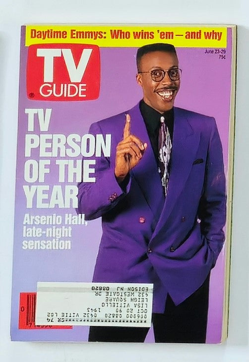TV Guide Magazine cover featuring Arsenio Hall as TV Person of the Year, June 23, 1990. The cover showcases Hall in a purple suit, emphasizing his role as a late-night sensation and icon of television history.