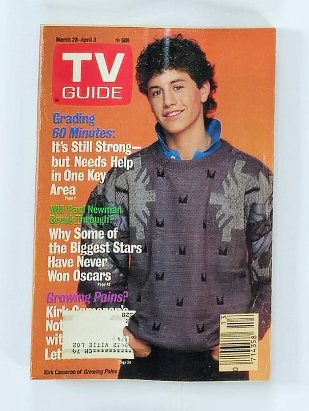 Cover of TV Guide Magazine March 28, 1987 featuring Kirk Cameron from the sitcom Growing Pains, showcasing vibrant colors and retro fashion with TV listings on the side.