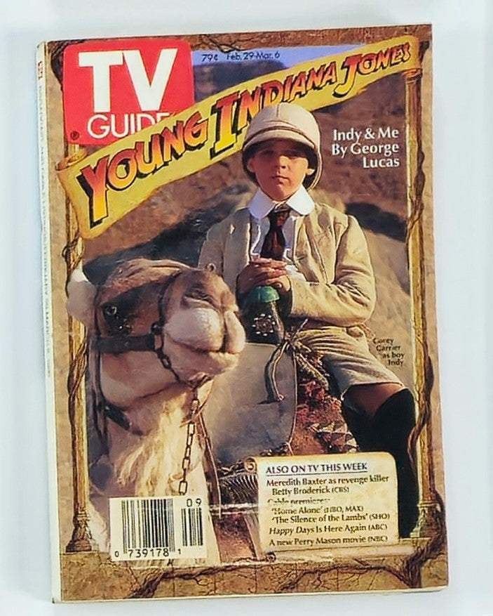 TV Guide Magazine issue from February 29, 1992 featuring Corey Carrier as Boy Indy on the cover, showcasing vibrant illustrations of Young Indiana Jones and a camel in a nostalgic setting.