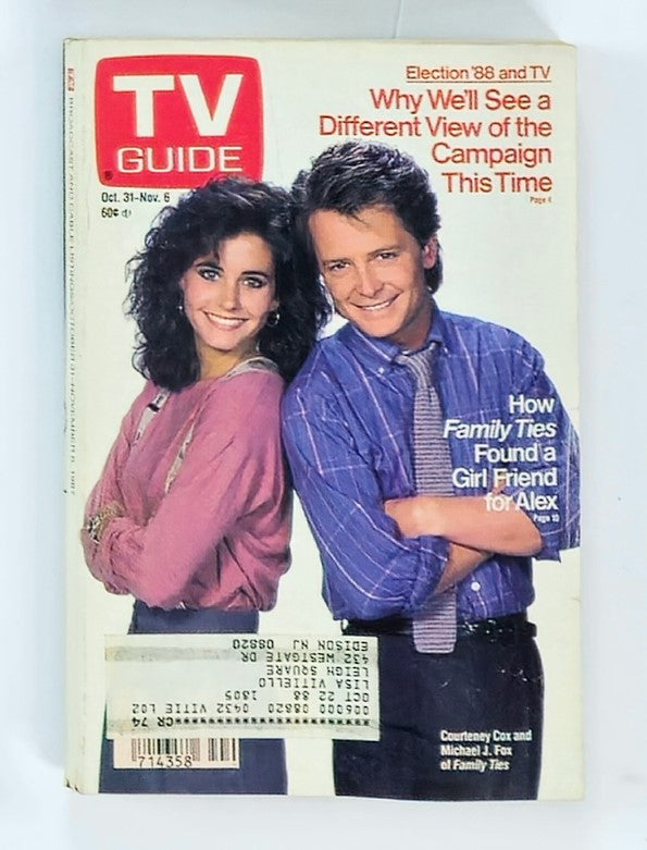 TV Guide Magazine October 31 1987 featuring Courteney Cox and Michael J. Fox on the cover, highlighting the 'Election '88 and TV' theme, showcasing iconic pop culture of the late 80s.