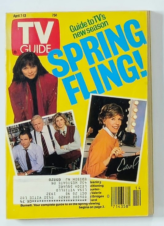 TV Guide Magazine April 7 1990 featuring Valerie Bertinelli and Michael Woods, showcasing a spring fling theme with colorful graphics and celebrity images from the era.