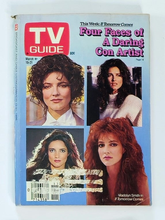 TV Guide Magazine March 15, 1986 featuring Madilyn Smith on the cover, promoting the movie Tomorrow Comes. The cover showcases four images of Madilyn Smith, presenting various looks and styles, reflecting the 1980s pop culture.