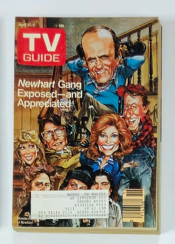 TV Guide Magazine April 11 1987 featuring the cast of Newhart, showcasing vibrant artwork and a nostalgic look at the beloved series.