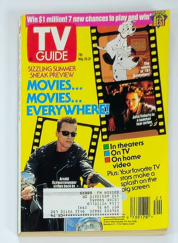 Cover of TV Guide Magazine May 25 1991 featuring Arnold Schwarzenegger in sunglasses, with text highlighting sizzling summer sneak preview and movies theme.