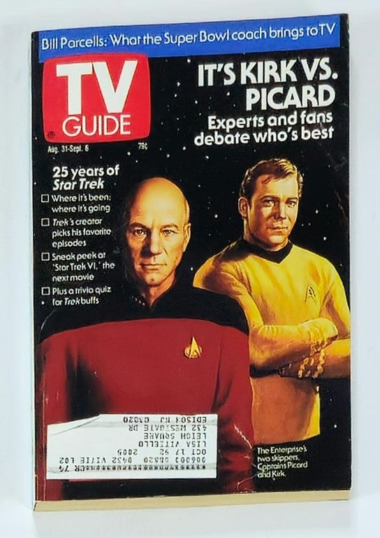 TV Guide Magazine cover dated August 31, 1991, featuring Patrick Stewart and William Shatner, emphasizing the debate between Captain Kirk and Captain Picard from Star Trek.