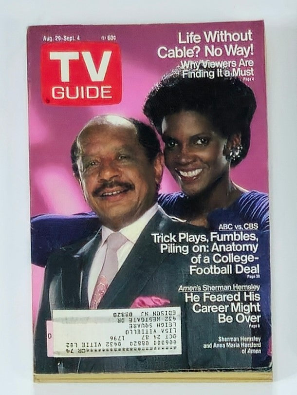 Cover of TV Guide Magazine from August 29, 1987, featuring Sherman Hemsley and Anna Maria. The cover includes the headline 'Life Without Cable? No Way!' and highlights television programming insights from the late 80s.