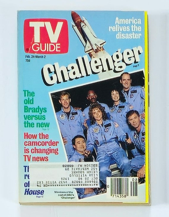 TV Guide Magazine February 24 1990 featuring the cast of ABC's 'Challenger'. The cover showcases the iconic TV Guide logo, a detailed image of the cast in blue space suits, with a space shuttle in the background. This vintage magazine captures an important moment in television history related to the Challenger disaster.