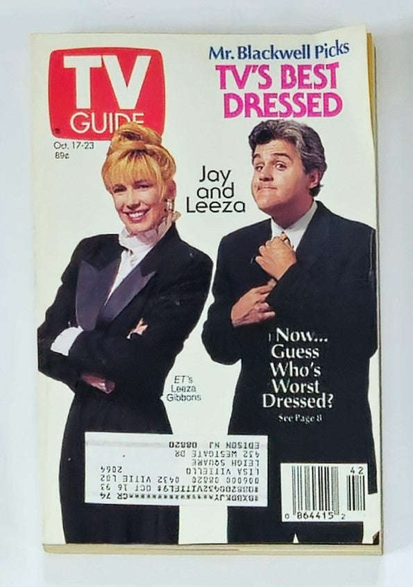 TV Guide Magazine cover featuring Leeza Gibbons and Jay Leno from October 17, 1992, showcasing the title 'Mr. Blackwell Picks TV's Best Dressed'. This vintage magazine captures the essence of early 90s television culture.