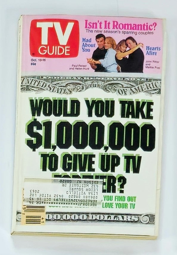 TV Guide Magazine cover from October 10, 1992 featuring Paul Reiser and Helen Hunt, with a headline asking 'Would You Take $1,000,000 to Give Up TV Forever?' and showcasing nostalgic TV culture.