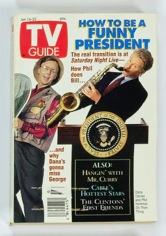 TV Guide Magazine dated January 16, 1993 featuring Dana Carvey and Phil Hartman on the cover. The cover promotes an article titled 'How to Be a Funny President' and showcases humorous imagery related to their performances on 'Saturday Night Live.' Perfect for collectors and fans of vintage television.