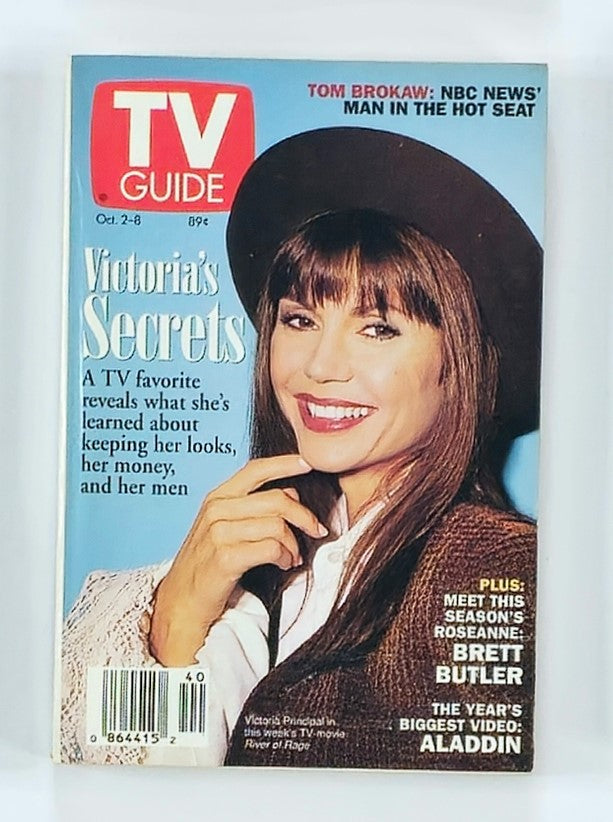 TV Guide Magazine cover from October 2, 1993 featuring Victoria Principal. The cover highlights her secrets to maintaining beauty and discusses her life, alongside articles about Tom Brokaw and Roseanne's Brett Butler. Collectible vintage magazine from the early 90s.