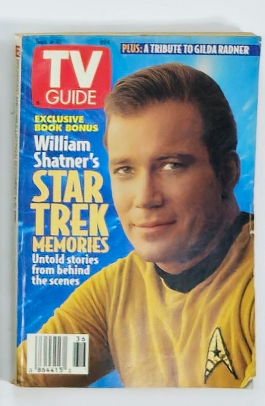 Cover of TV Guide Magazine September 4, 1993 featuring William Shatner's Star Trek Memories, with a close-up of Shatner in a yellow Starfleet uniform and text highlighting untold stories from behind the scenes.