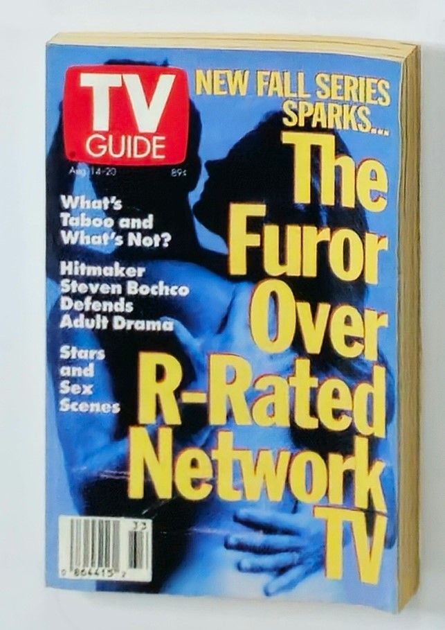 TV Guide Magazine August 14 1993 issue featuring the headline 'The Furor Over R-Rated Network TV'. This vintage magazine explores the controversies surrounding R-rated content on network television, highlighted with vibrant colors and notable articles.