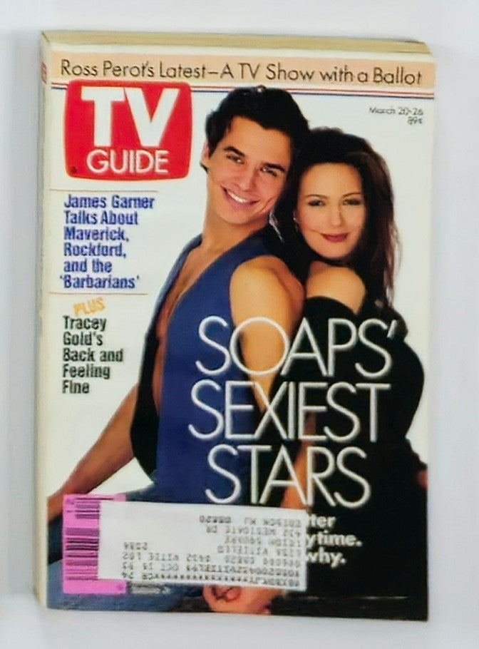 Cover of TV Guide Magazine March 20, 1993 featuring Hunter Tylo and Antonio Sabato Jr. with the headline 'Soaps' Sexiest Stars'. The magazine highlights popular TV shows and stars from the early 90s.