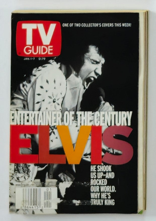 TV Guide Magazine January 1 2000 featuring Elvis Presley on the cover, titled 'He Shook Us Up'. The cover showcases Elvis as the 'Entertainer of the Century' with vibrant text, illustrating his cultural impact in music and entertainment.