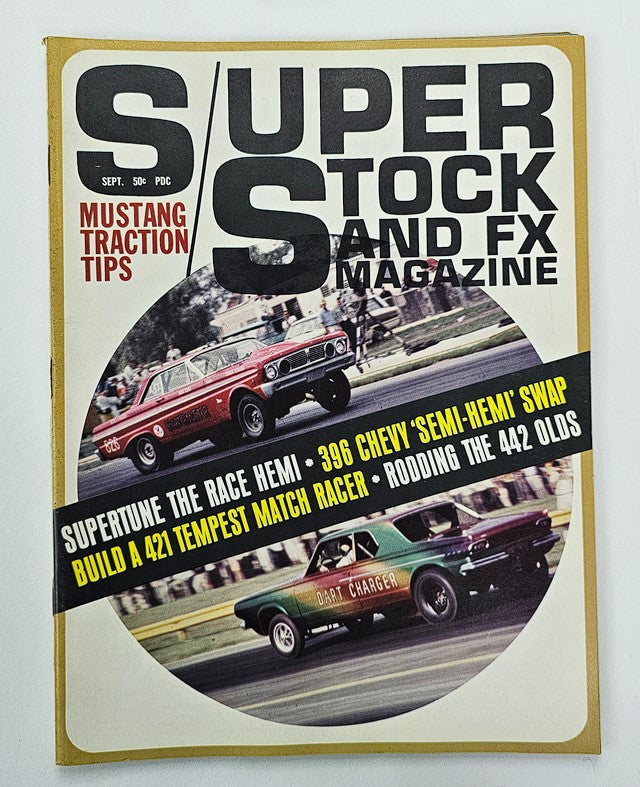 VTG Super Stock and F/X Magazine September 1966 featuring Mustang Traction Tips, showcasing vintage muscle cars on the cover with performance insights for enthusiasts.