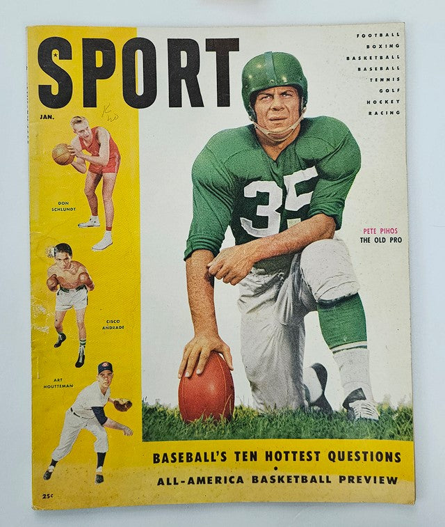 VTG Sport Magazine January 1955 cover featuring Pete Pihos, Don Schlundt, and Cisco Andrade, showcasing classic sports themes and history.