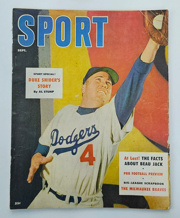 VTG Sport Magazine September 1955 featuring Duke Snider's Story by Al Stump, showcasing a baseball player in Dodgers uniform on the cover.