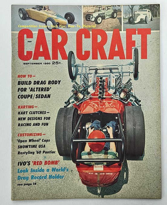 VTG Car Craft Magazine September 1960 cover featuring 'Altered' Coupe drag body build. Highlights include karting, customizing, and Ivo's 'Red Bomb' drag record holder.