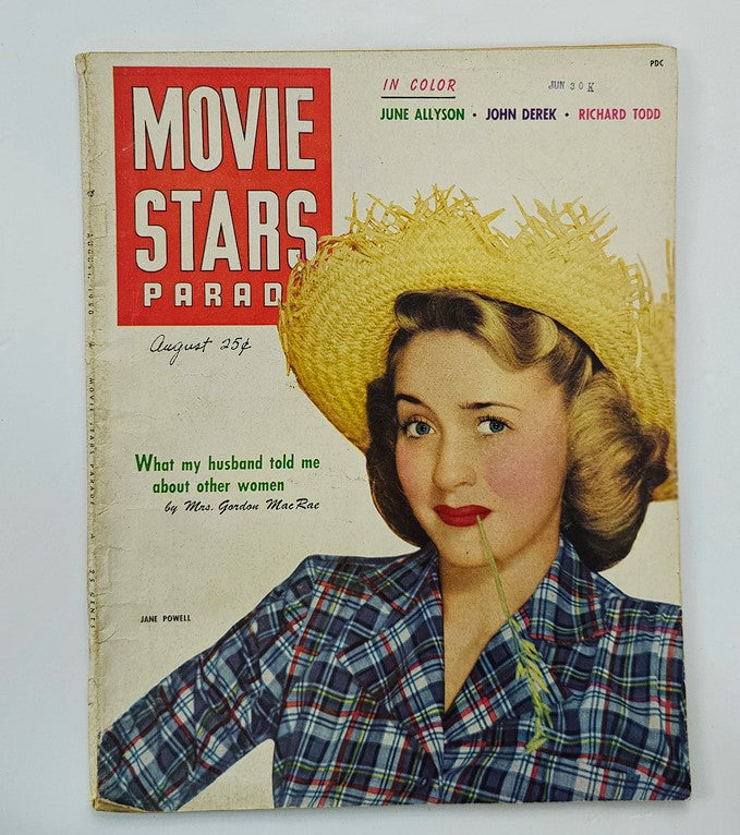 Cover of VTG Movie Stars Parade Magazine August 1950 featuring Jane Powell, showcasing her in a plaid shirt and straw hat, with text highlighting the magazine's content.