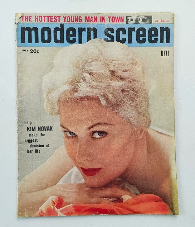 Cover of VTG Modern Screen Magazine, July 1956, featuring Kim Novak, showcasing 1950s Hollywood glamour and nostalgia.