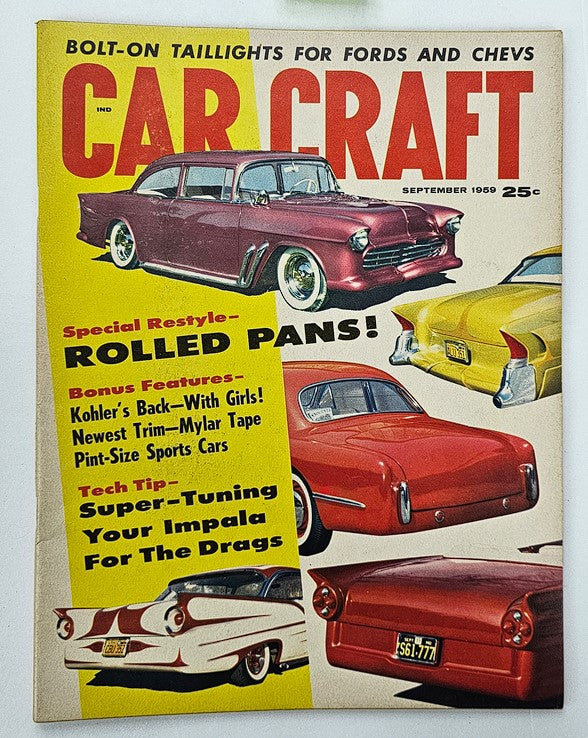 Cover of VTG Car Craft Magazine from September 1959 featuring super-tuning your Impala, showcasing classic cars and automotive tips.