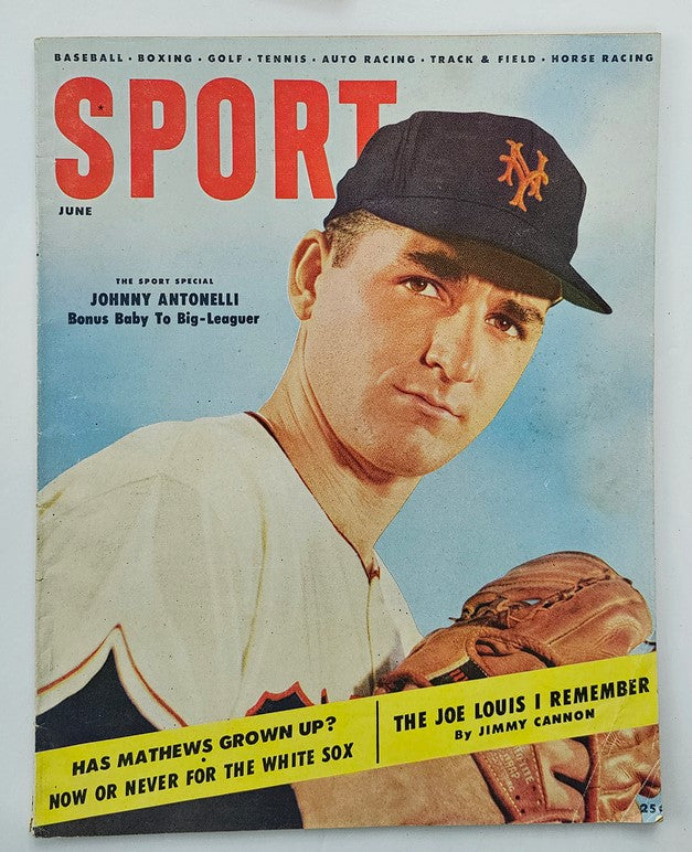 Vintage VTG Sport Magazine from June 1955 featuring MLB Giants pitcher Johnny Antonelli on the cover, celebrating baseball history with original design.
