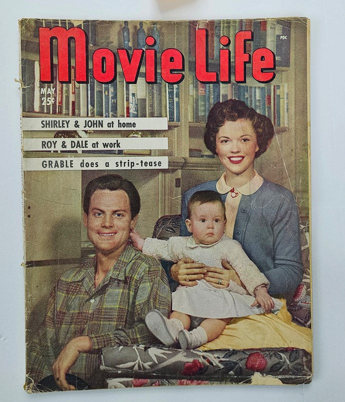 VTG Movie Life Magazine May 1949 featuring Shirley Temple and Lon McCallister on the cover, showcasing classic cinema nostalgia with vintage advertisement elements.