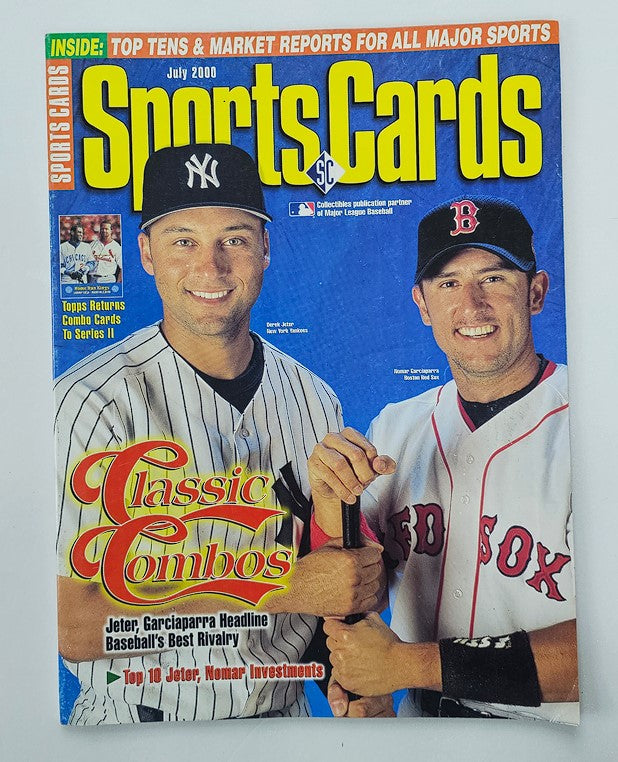 Sports Cards Magazine July 2000 cover featuring New York Yankees' Derek Jeter and Boston Red Sox's Nomar Garciaparra, highlighting their famous rivalry in baseball.