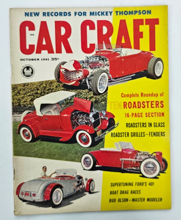 VTG Car Craft Magazine October 1961 cover showcasing a complete roundup of roadsters, featuring vibrant images of classic cars in red, highlighting automotive history and vintage car culture.
