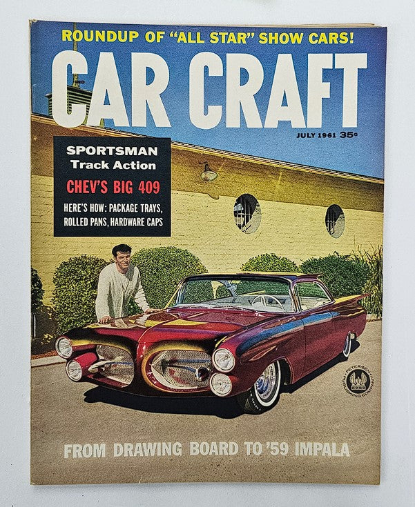 Cover of VTG Car Craft Magazine July 1961 featuring a striking red 1959 Impala and the headline 'From Drawing Board To '59 Impala.' The magazine highlights vintage automotive culture and design.