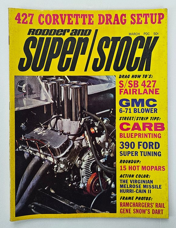 Rodder and Super Stock Magazine March 1968 cover featuring the GMC 6-71 Blower, showcasing a prominent engine setup with carburetor details, vibrant yellow background, and information on drag racing and automotive performance.