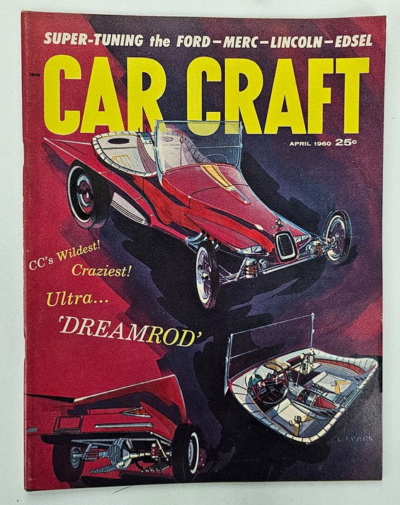 VTG Car Craft Magazine April 1960 cover featuring 'Super Tuning the Ford, Merc, Lincoln' with vibrant illustrations of a classic red car design and unique automotive features.
