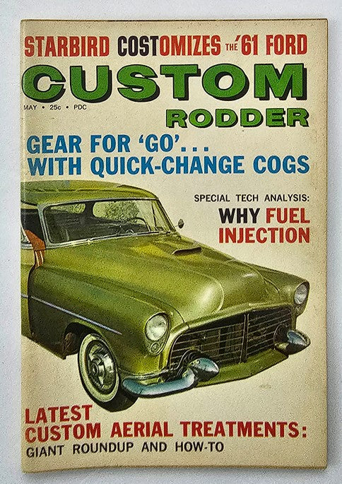 Cover of VTG Custom Rodder Magazine May 1961, Vol 8 No 5, featuring a classic car with a headline about fuel injection technology. Ideal for automotive enthusiasts and collectors, showcasing vintage automotive culture.