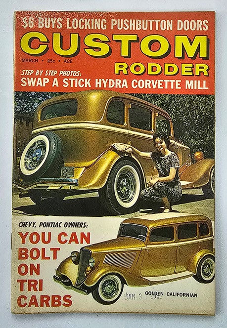 Cover of VTG Custom Rodder Magazine March 1961 Vol 8 No 3 featuring a vintage car and a woman, showcasing automotive themes and step-by-step photos for car enthusiasts.